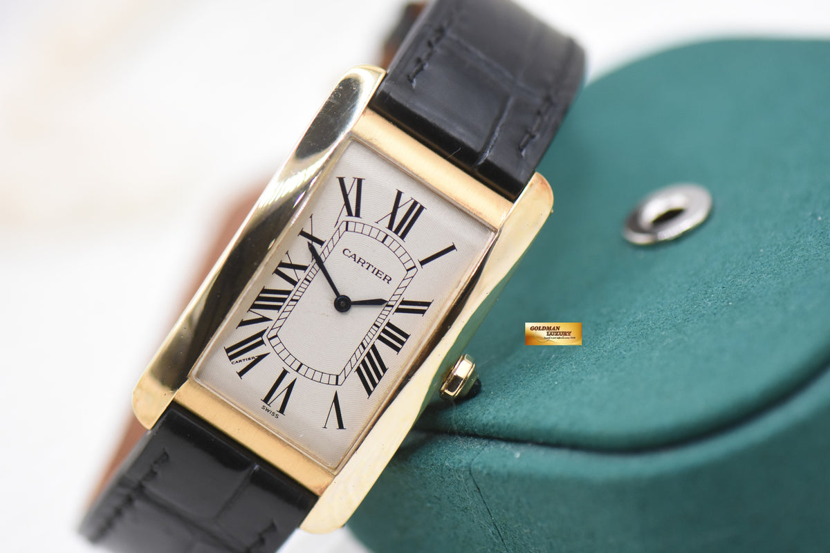 CARTIER TANK AMERICAINE LARGE PRE CPCP 18K YELLOW GOLD IN LEATHER STRAP MANUAL WINDING 1735/1 (MINT)