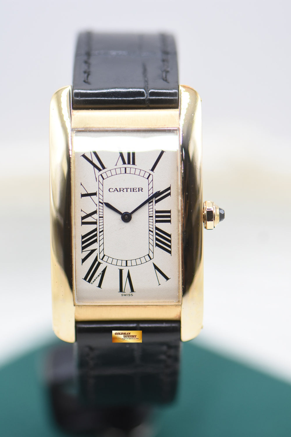 CARTIER TANK AMERICAINE LARGE PRE CPCP 18K YELLOW GOLD IN LEATHER STRAP MANUAL WINDING 1735/1 (MINT)