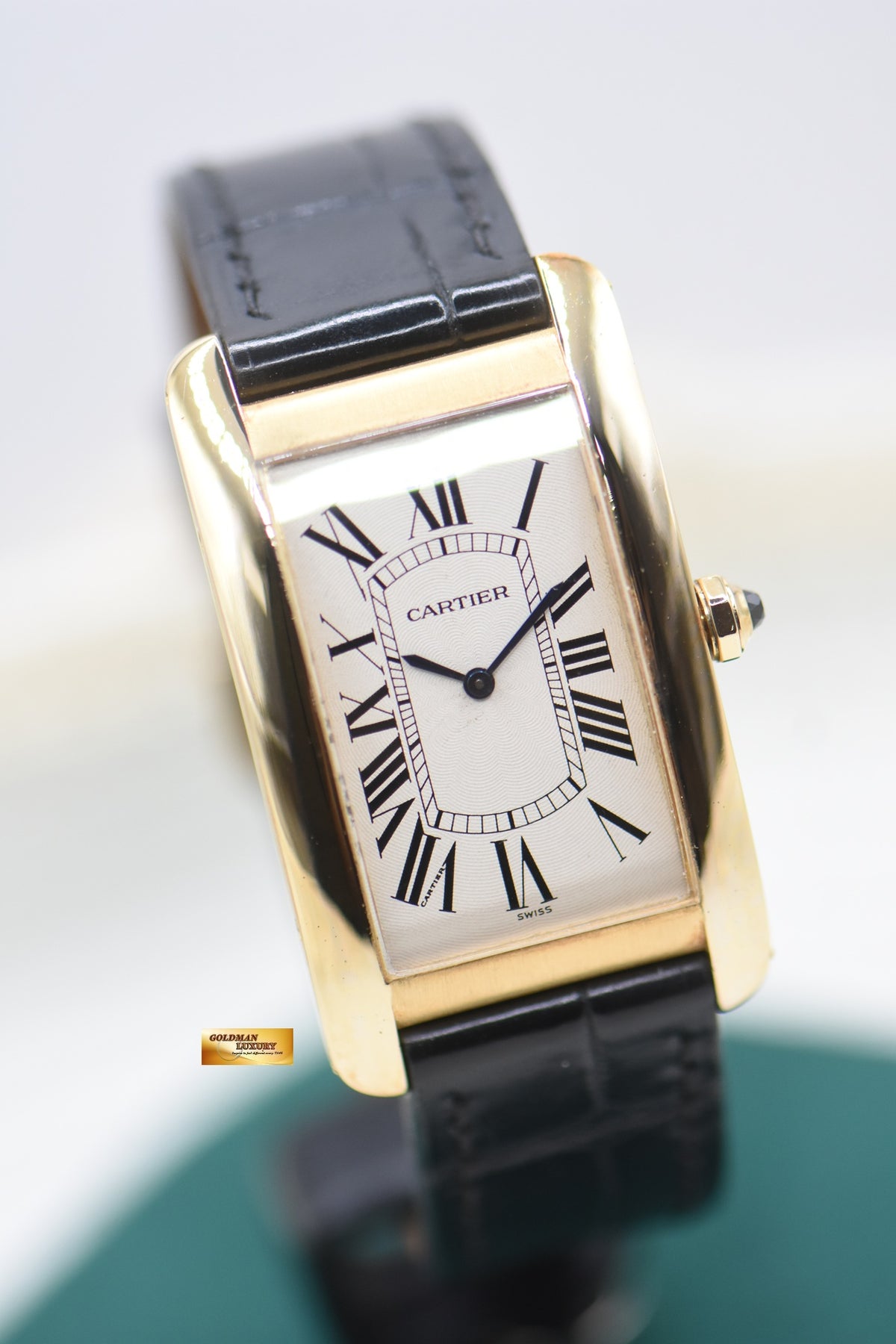 CARTIER TANK AMERICAINE LARGE PRE CPCP 18K YELLOW GOLD IN LEATHER STRAP MANUAL WINDING 1735/1 (MINT)