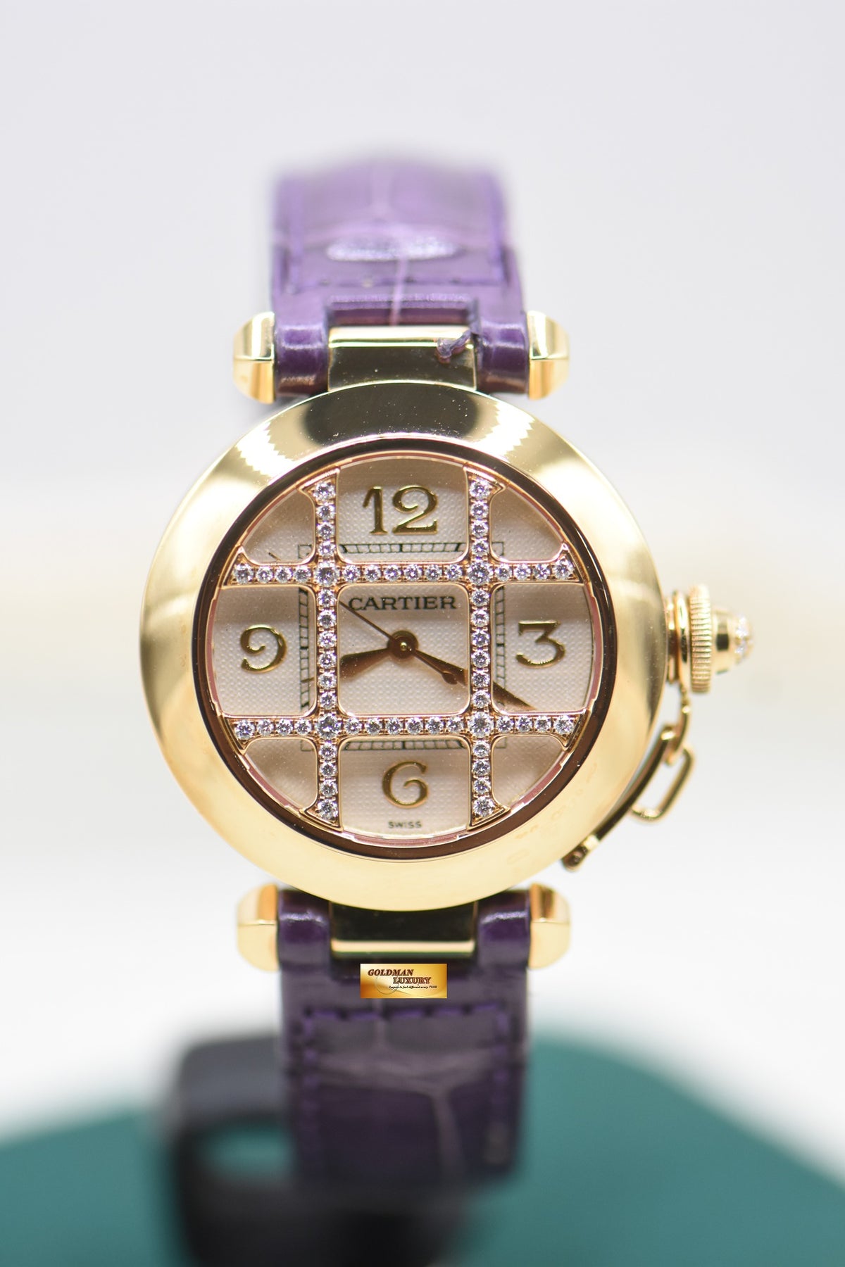 CARTIER PASHA CLASSIQUE DIAMOND GRID 32mm LADIES YELLOW GOLD IN LEATHER STRAP AUTOMATIC WJ101356 (MINT)