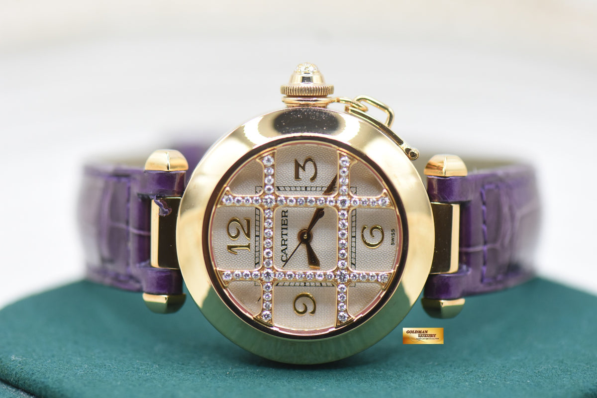 CARTIER PASHA CLASSIQUE DIAMOND GRID 32mm LADIES YELLOW GOLD IN LEATHER STRAP AUTOMATIC WJ101356 (MINT)