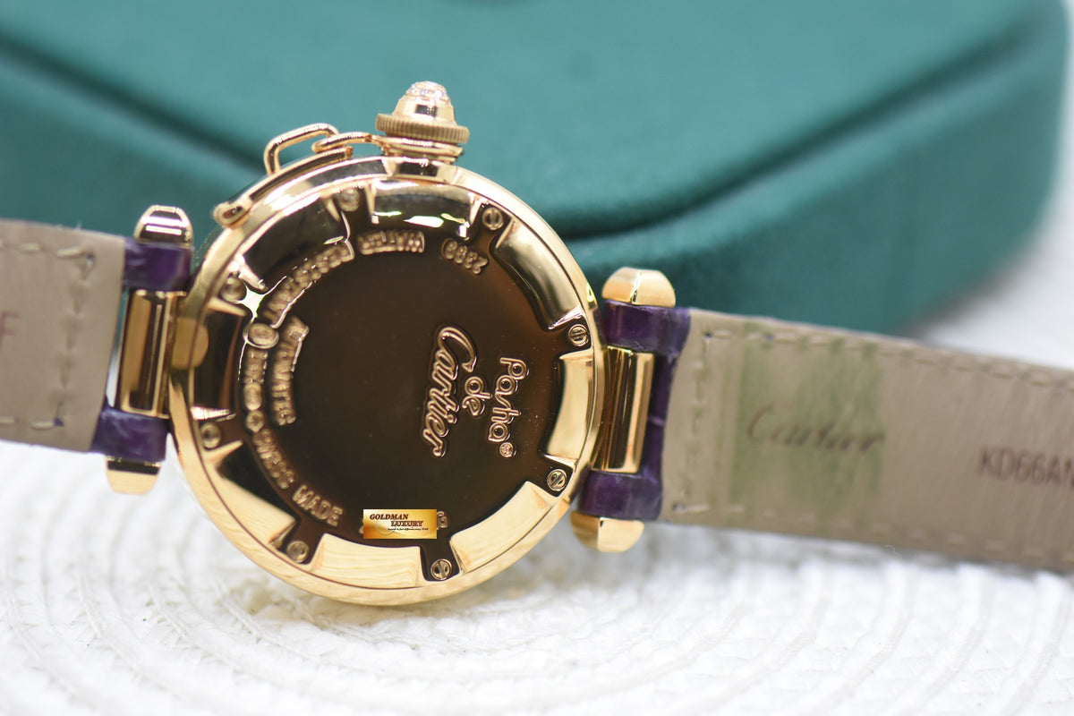 CARTIER PASHA CLASSIQUE DIAMOND GRID 32mm LADIES YELLOW GOLD IN LEATHER STRAP AUTOMATIC WJ101356 (MINT)