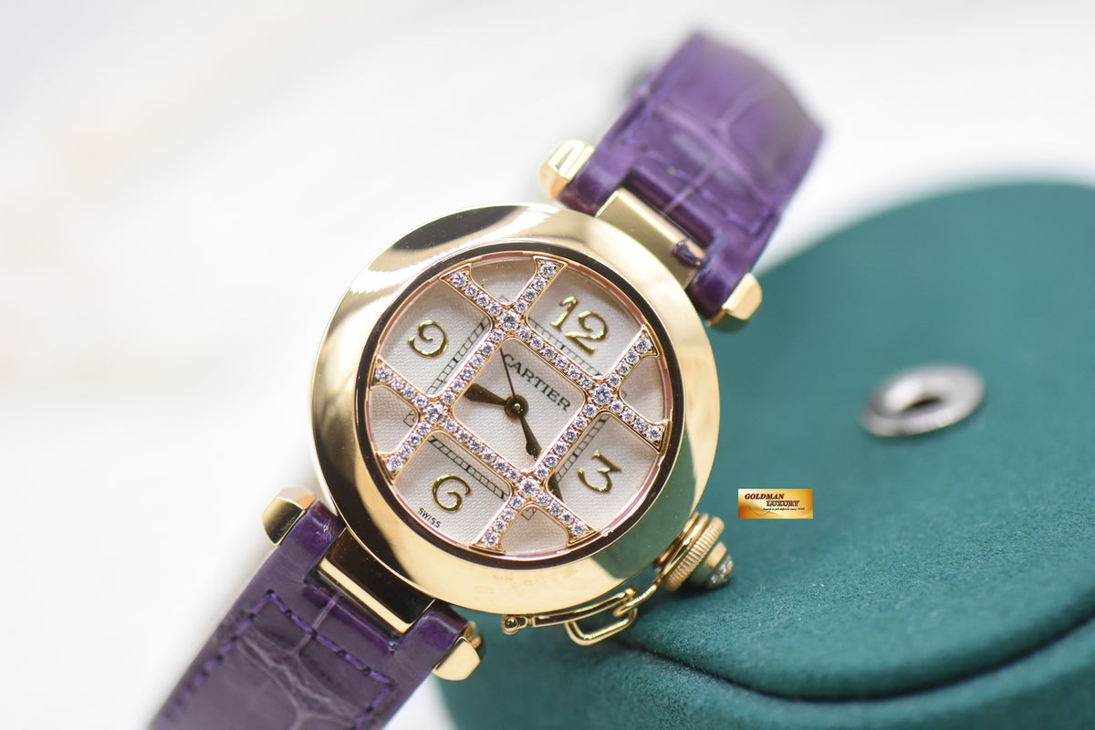 CARTIER PASHA CLASSIQUE DIAMOND GRID 32mm LADIES YELLOW GOLD IN LEATHER STRAP AUTOMATIC WJ101356 (MINT)