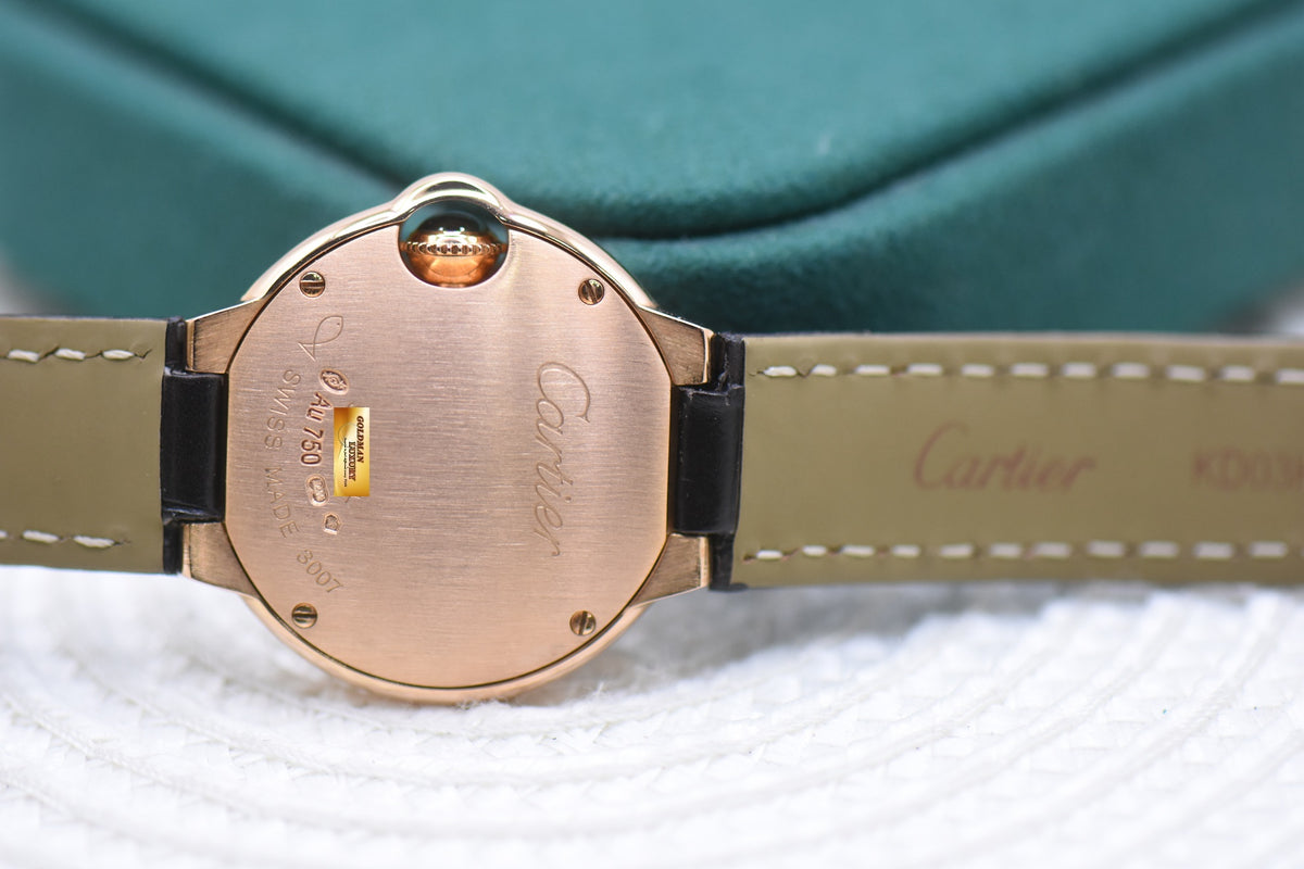 CARTIER BALLON BLEU 28mm ROSE GOLD IN LEATHER STRAP QUARTZ W6900256 (MINT)
