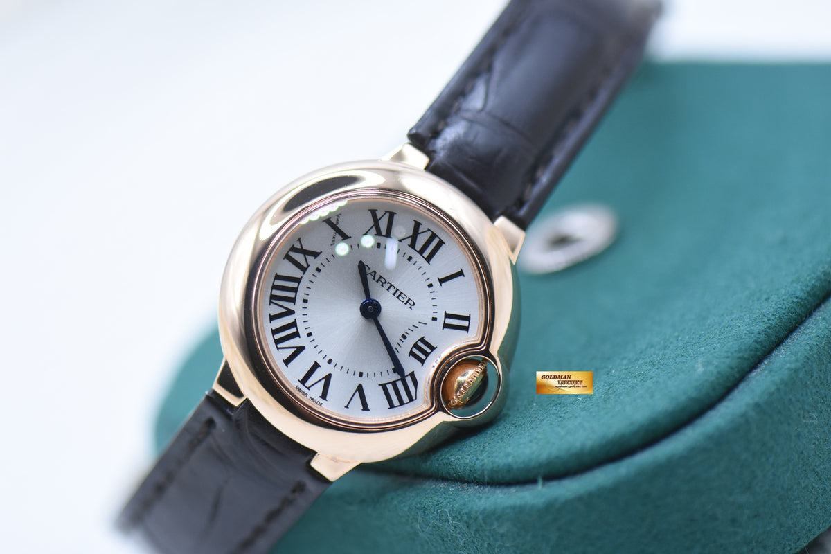 CARTIER BALLON BLEU 28mm ROSE GOLD IN LEATHER STRAP QUARTZ W6900256 (MINT)