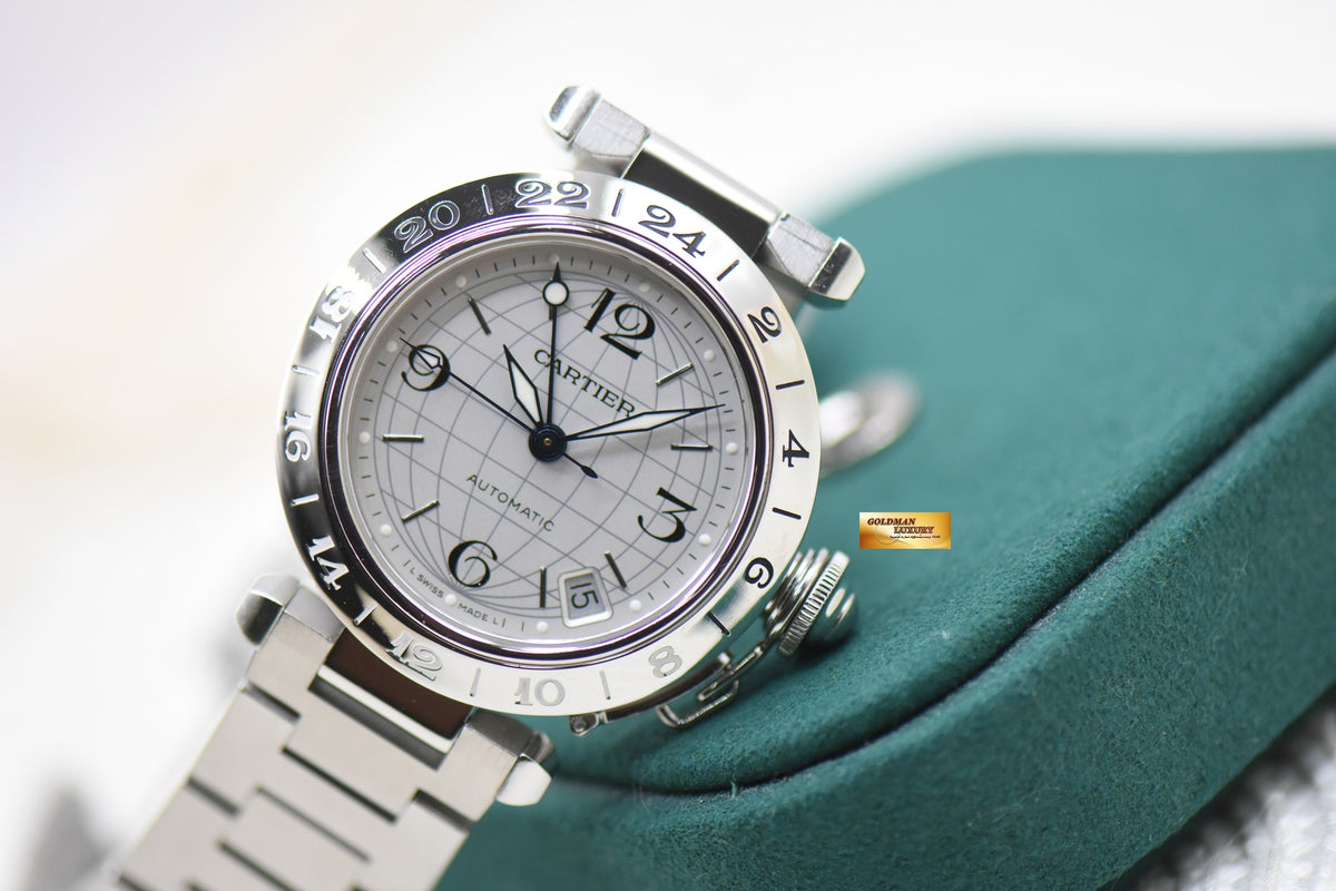 CARTIER PASHA C GMT MERIDIAN STEEL IN BRACELET AUTOMATIC W31029M7 (MINT)