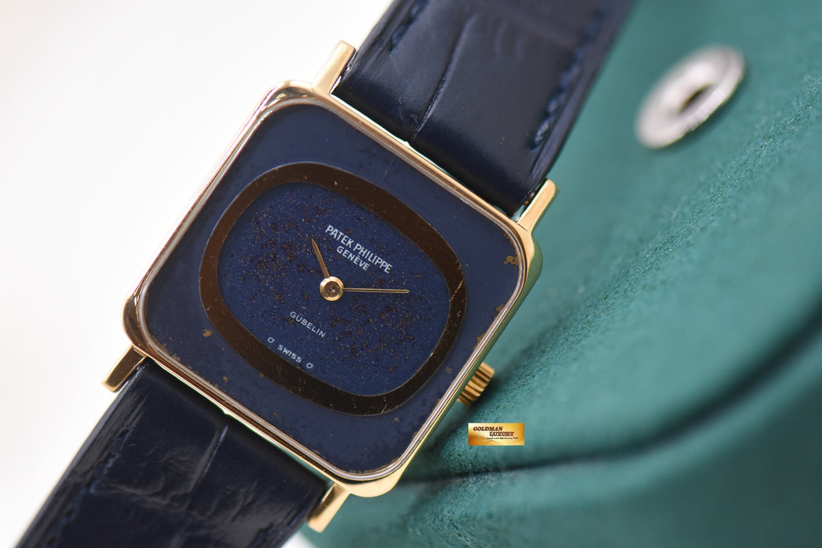 PATEK PHILIPPE GUBELIN SIGNED VINTAGE 25mm YELLOW GOLD IN LEATHER STRAP BLUE DIAL MANUAL WINDING 4183 (VINTAGE)