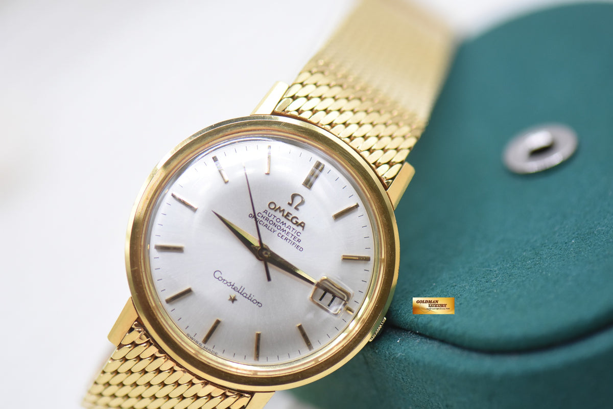 OMEGA CONSTELLATION CHRONOMETER DATE 36mm YELLOW GOLD MILANESE BRACELET AUTOMATIC 168.004 (MINT)