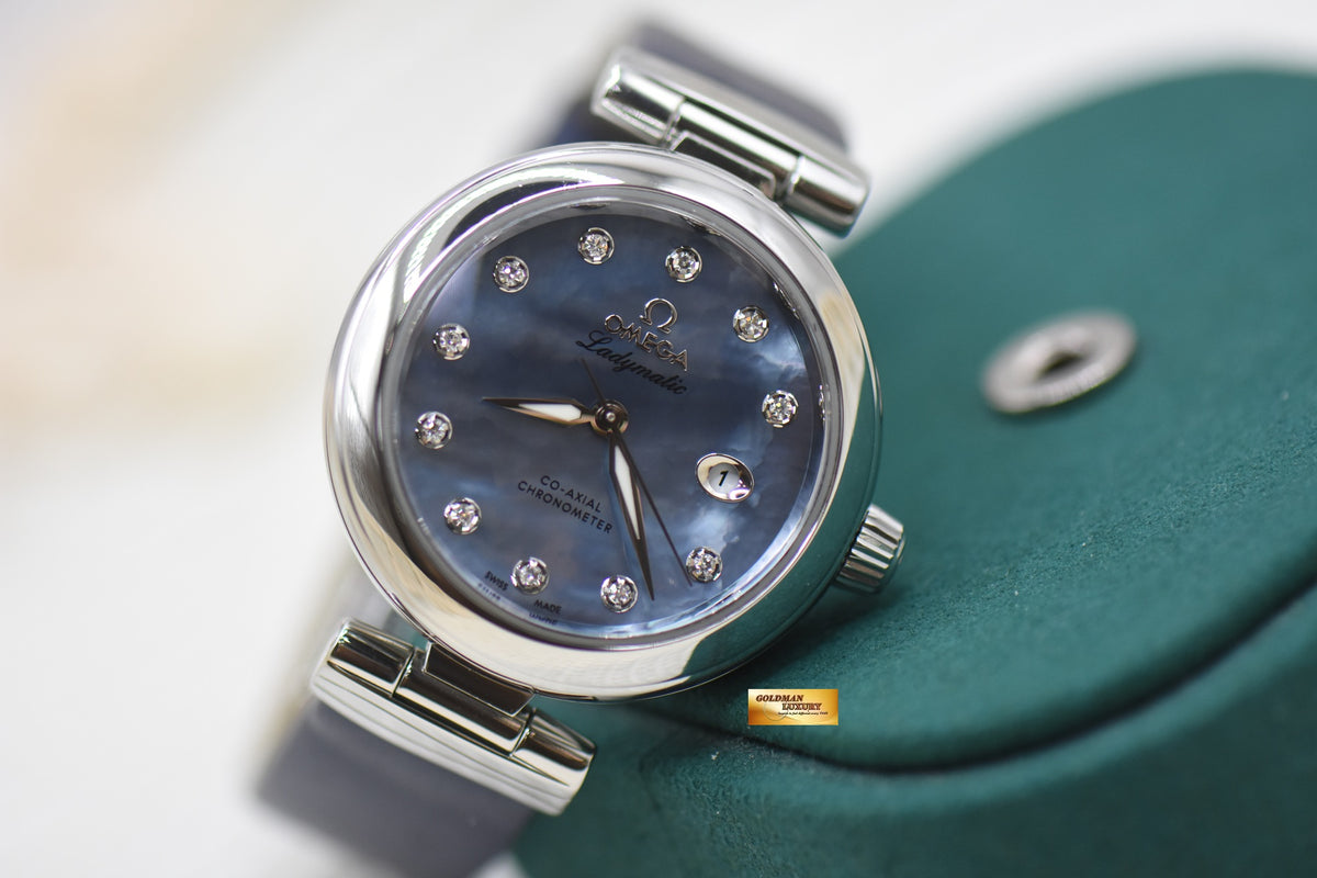 OMEGA DE VILLE LADYMATIC CO-AXIAL 34mm STEEL MOP DIAMOND DIAL AUTOMATIC 425.32.34.20.57.003 (MINT)