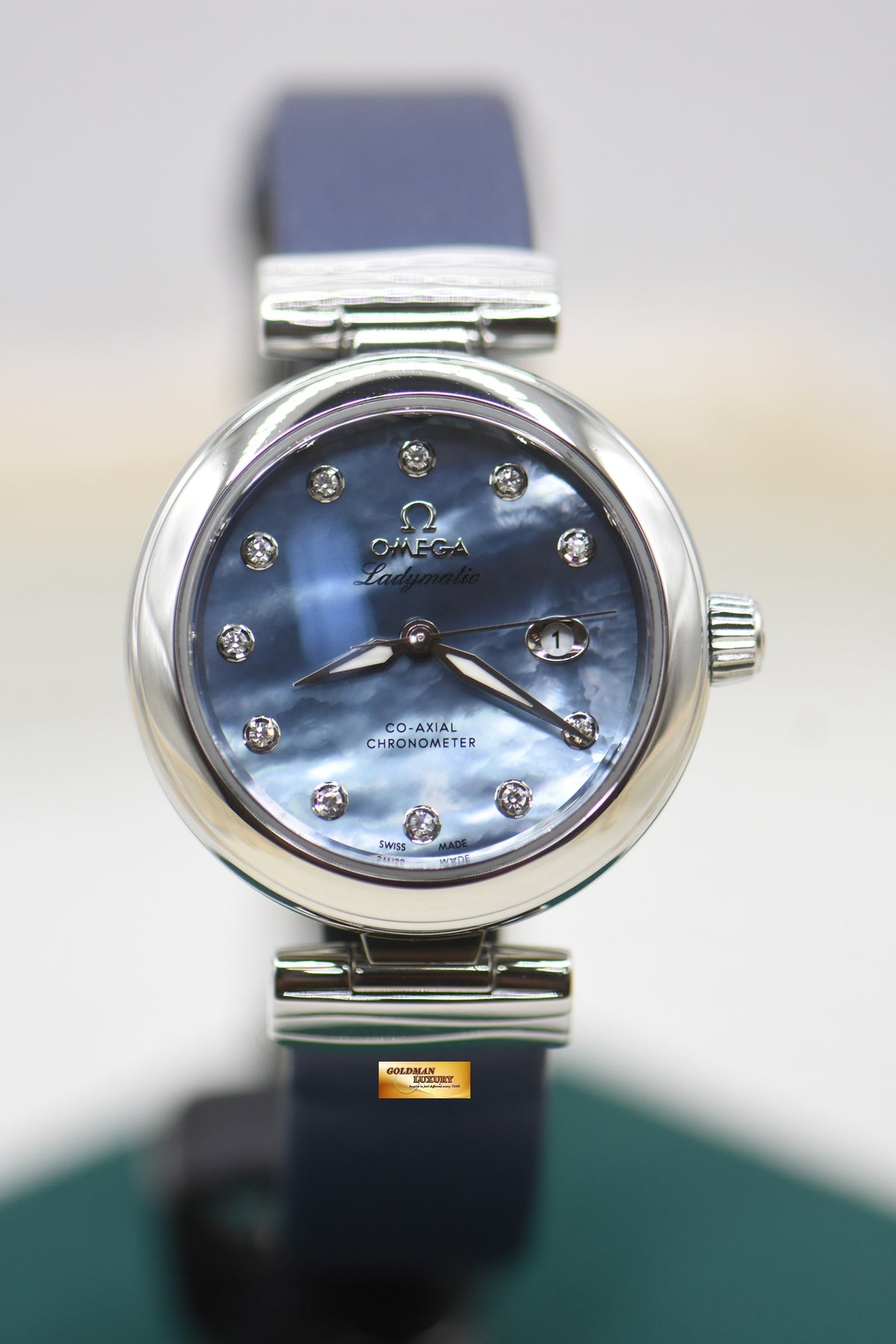 OMEGA DE VILLE LADYMATIC CO-AXIAL 34mm STEEL MOP DIAMOND DIAL AUTOMATIC 425.32.34.20.57.003 (MINT)