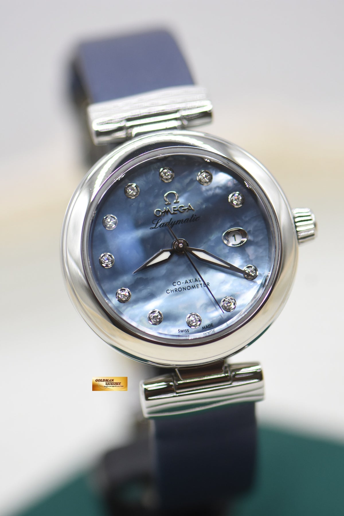 OMEGA DE VILLE LADYMATIC CO-AXIAL 34mm STEEL MOP DIAMOND DIAL AUTOMATIC 425.32.34.20.57.003 (MINT)