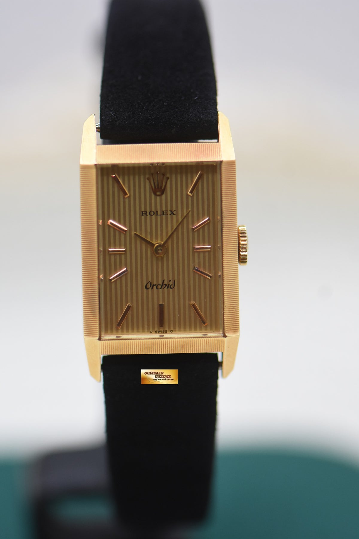 ROLEX ORCHID LADIES 24mm YELLOW GOLD IN LEATHER STRAP MANUAL WINDING 2677 (MINT)