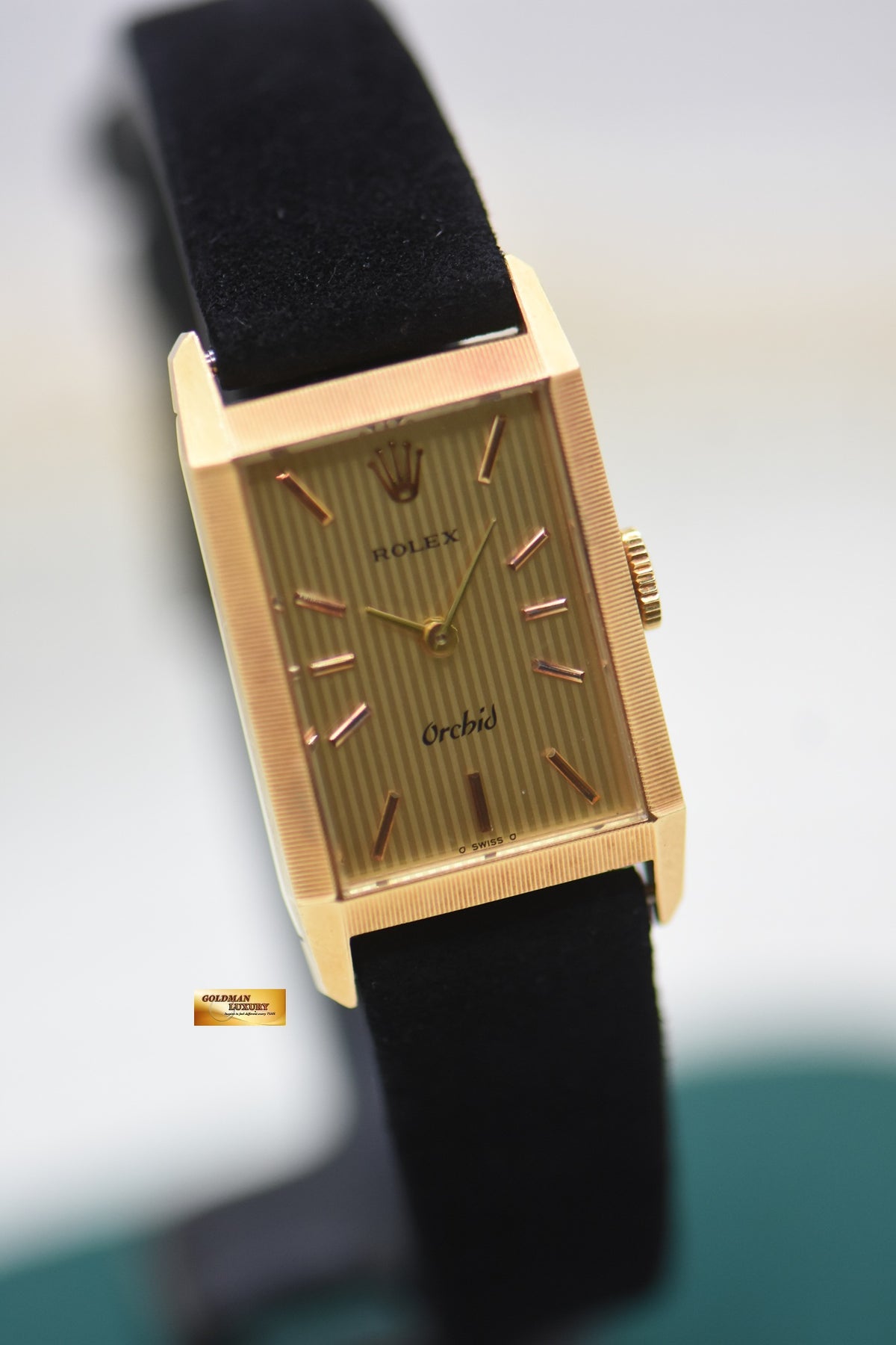 ROLEX ORCHID LADIES 24mm YELLOW GOLD IN LEATHER STRAP MANUAL WINDING 2677 (MINT)