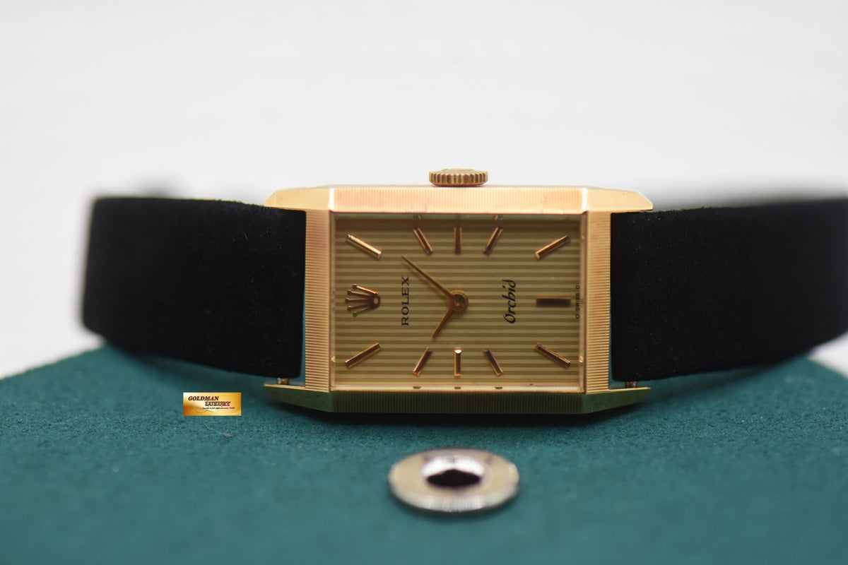 ROLEX ORCHID LADIES 24mm YELLOW GOLD IN LEATHER STRAP MANUAL WINDING 2677 (MINT)