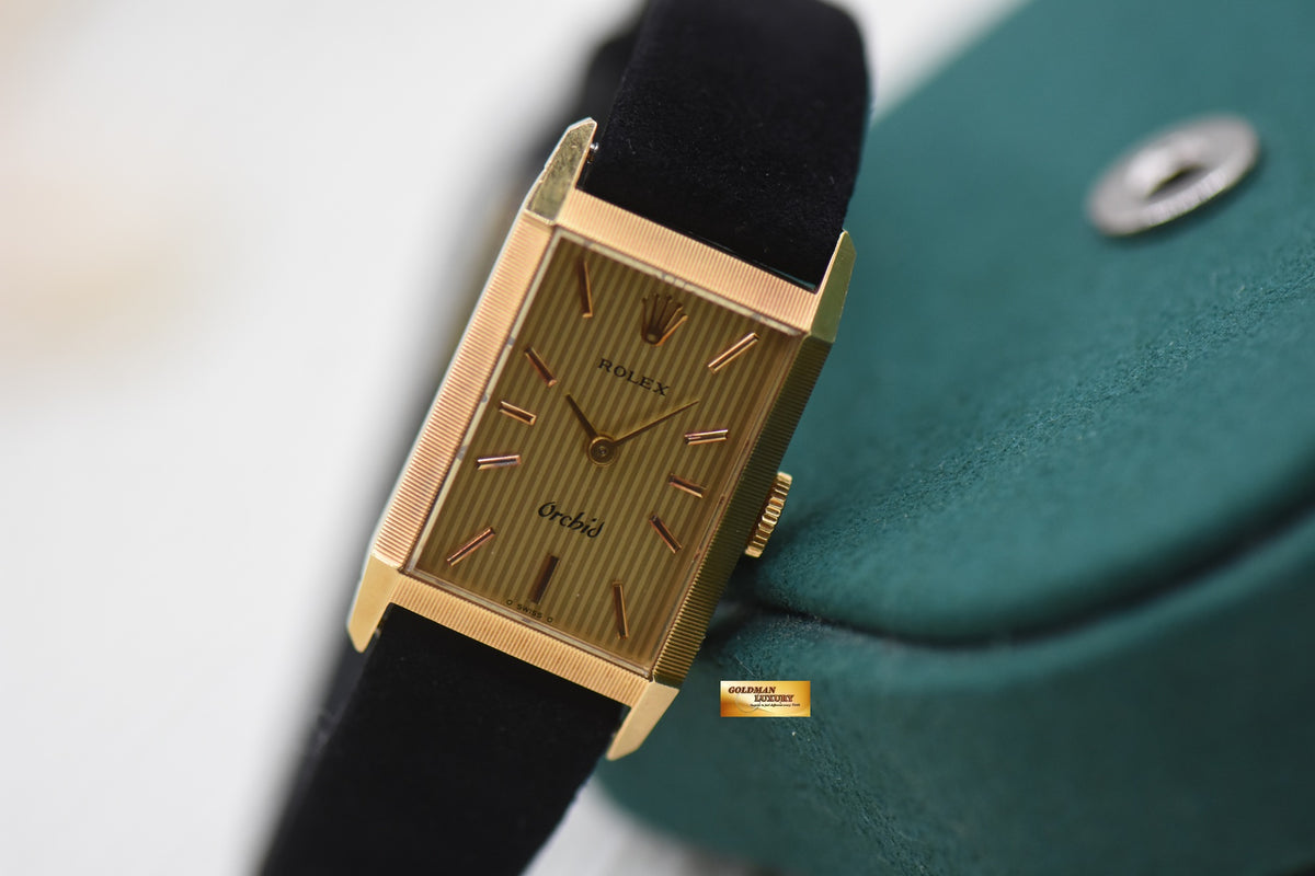 ROLEX ORCHID LADIES 24mm YELLOW GOLD IN LEATHER STRAP MANUAL WINDING 2677 (MINT)