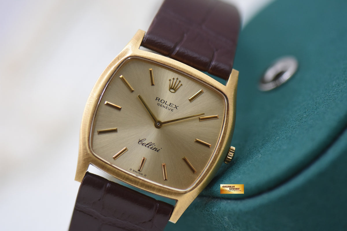 ROLEX CELLINI TONNEAU-SHAPED 32mm YELLOW GOLD IN LEATHER STRAP MANUAL WINDING 3805 (MINT)