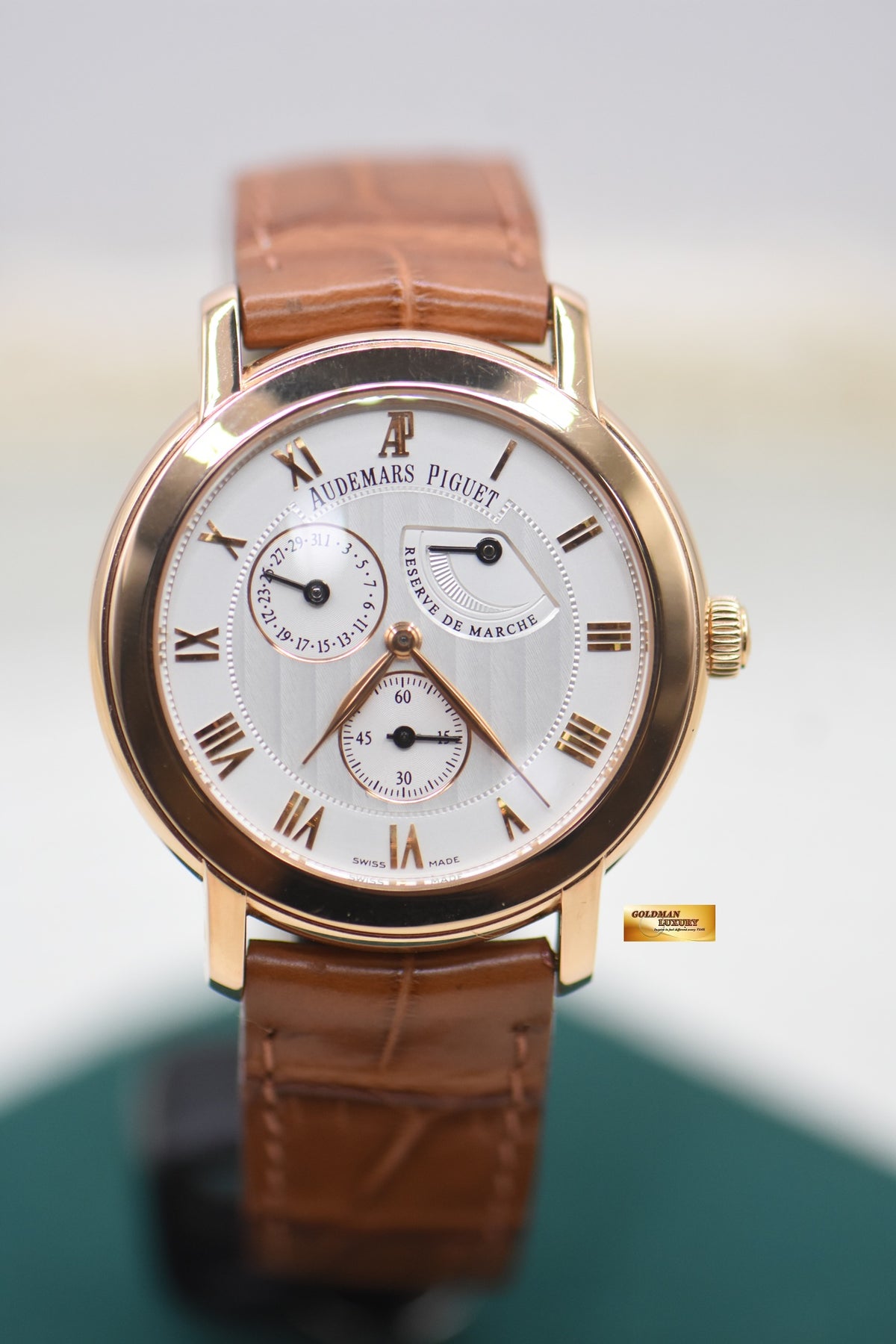 AP JULES AUDEMARS POWER RESERVE 36mm ROSE GOLD IN LEATHER STRAP MANUAL 25955OR (MINT)