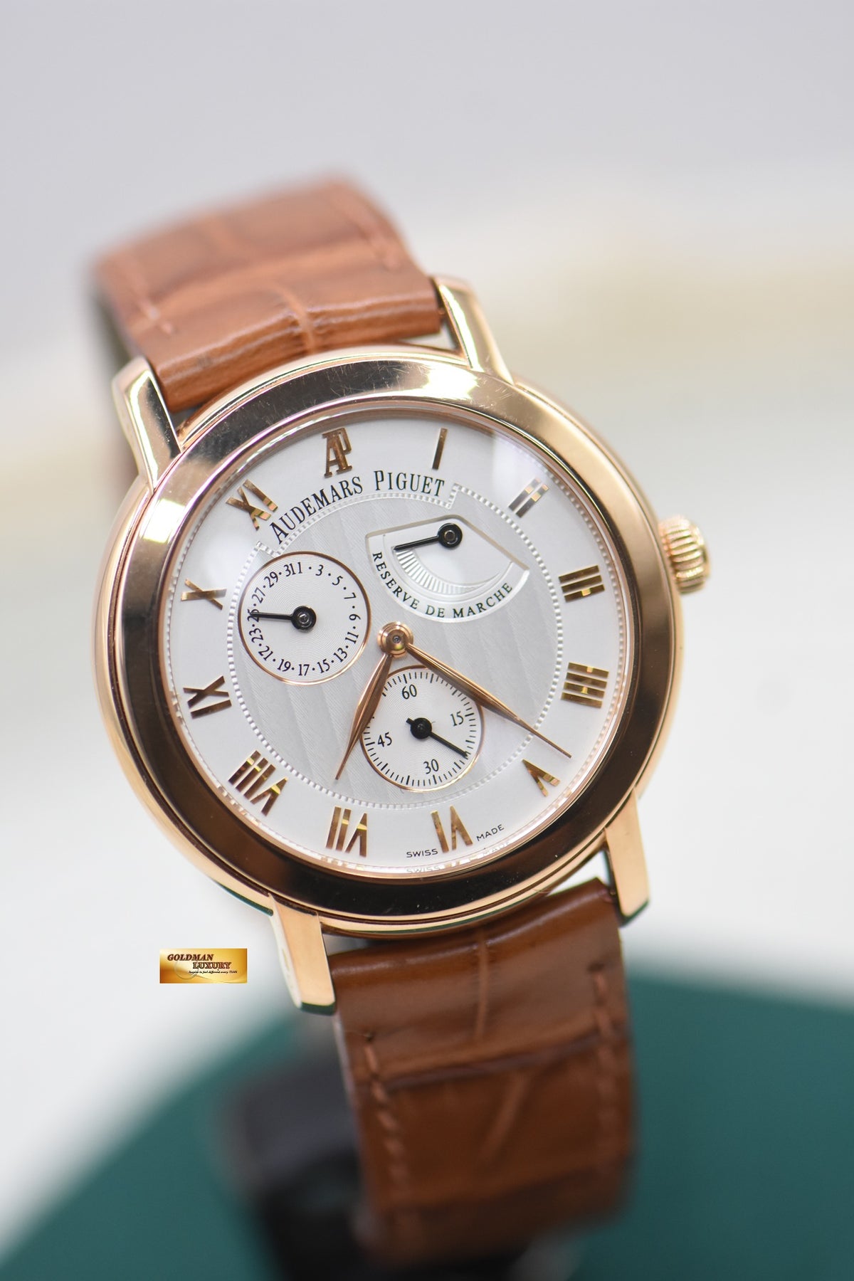 AP JULES AUDEMARS POWER RESERVE 36mm ROSE GOLD IN LEATHER STRAP MANUAL 25955OR (MINT)
