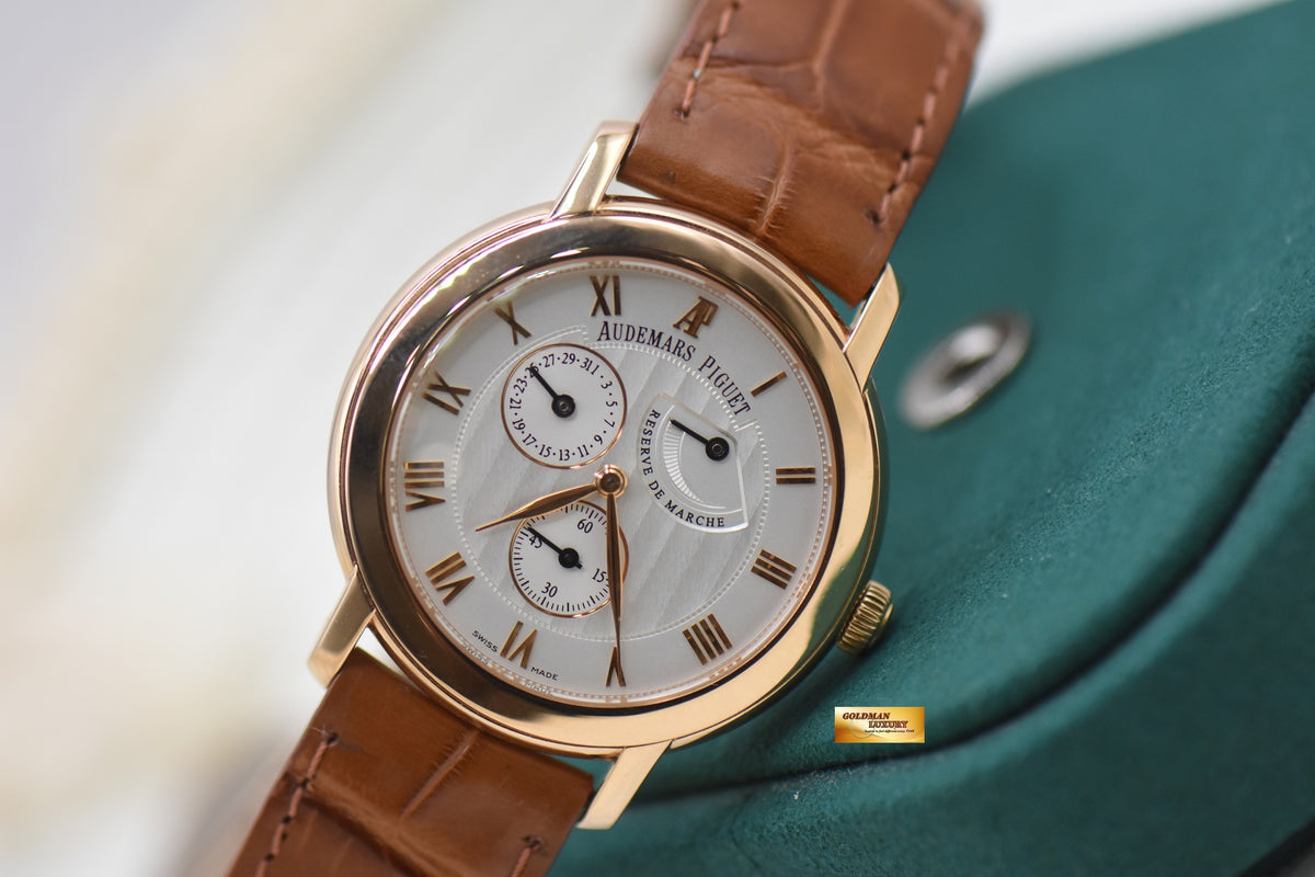 AP JULES AUDEMARS POWER RESERVE 36mm ROSE GOLD IN LEATHER STRAP MANUAL 25955OR (MINT)