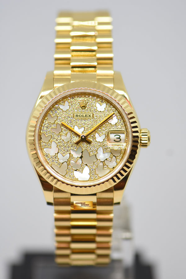 [SOLD] ROLEX OYSTER DATEJUST 31 FULL PAVED DIAMONDS, WHITE MOP BUTTERFLIES DIAL YELLOW GOLD IN PRESIDENT BRACELET AUTOMATIC 278278 (LNIB)