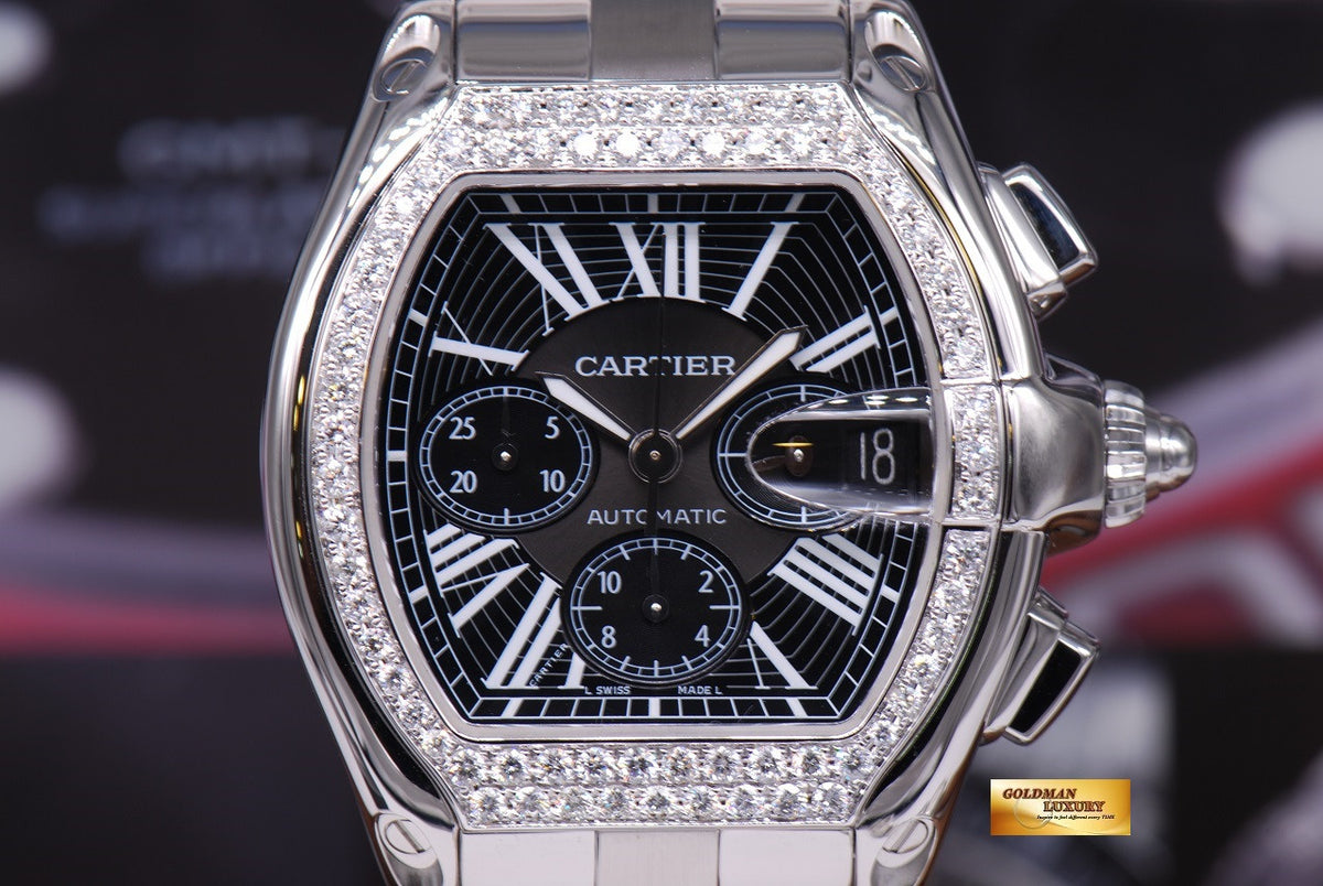 [SOLD] CARTIER ROADSTER MENS XL CHRONOGRAPH BLACK w/ CUSTOM DIAMONDS AUTOMATIC (MINT)
