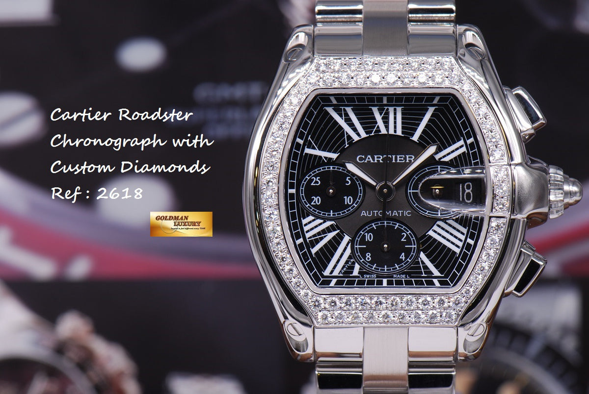 [SOLD] CARTIER ROADSTER MENS XL CHRONOGRAPH BLACK w/ CUSTOM DIAMONDS AUTOMATIC (MINT)