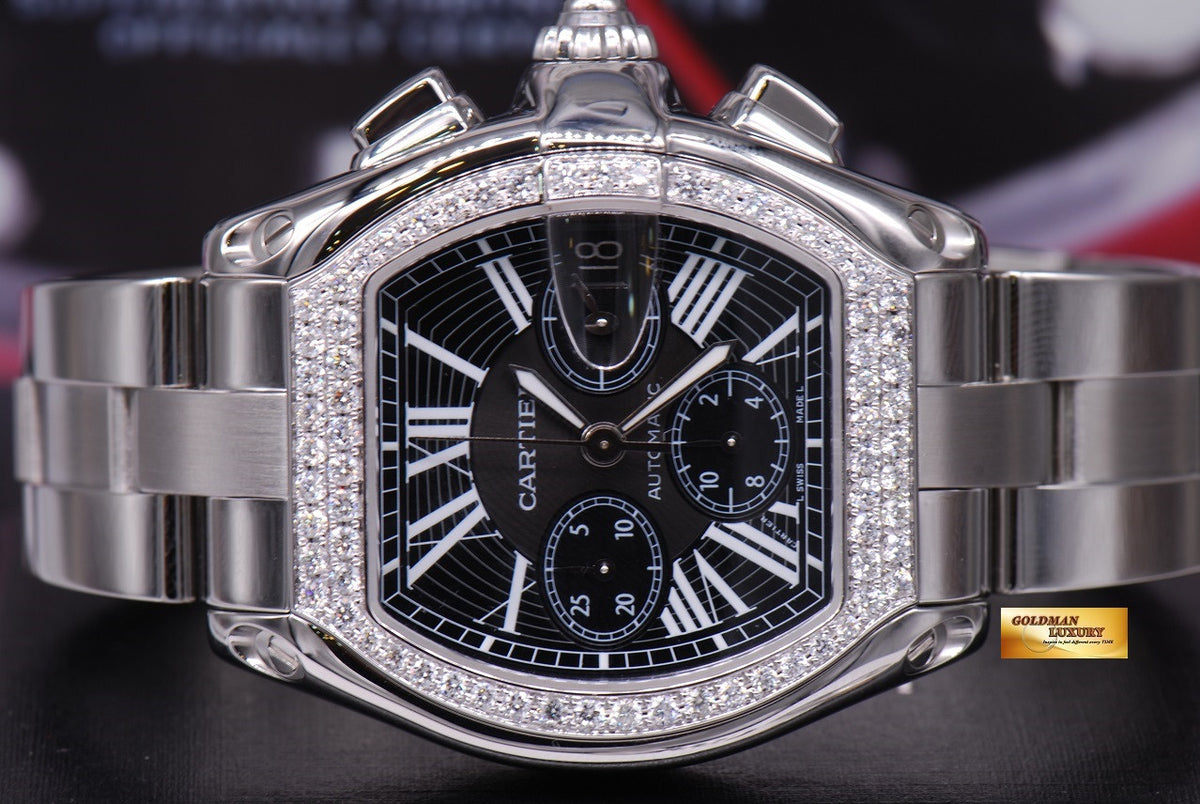 [SOLD] CARTIER ROADSTER MENS XL CHRONOGRAPH BLACK w/ CUSTOM DIAMONDS AUTOMATIC (MINT)