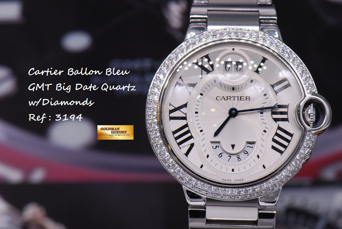 [SOLD] CARTIER BALLON BLEU GMT BIG DATE CUSTOM DIAMONDS QUARTZ (MINT)