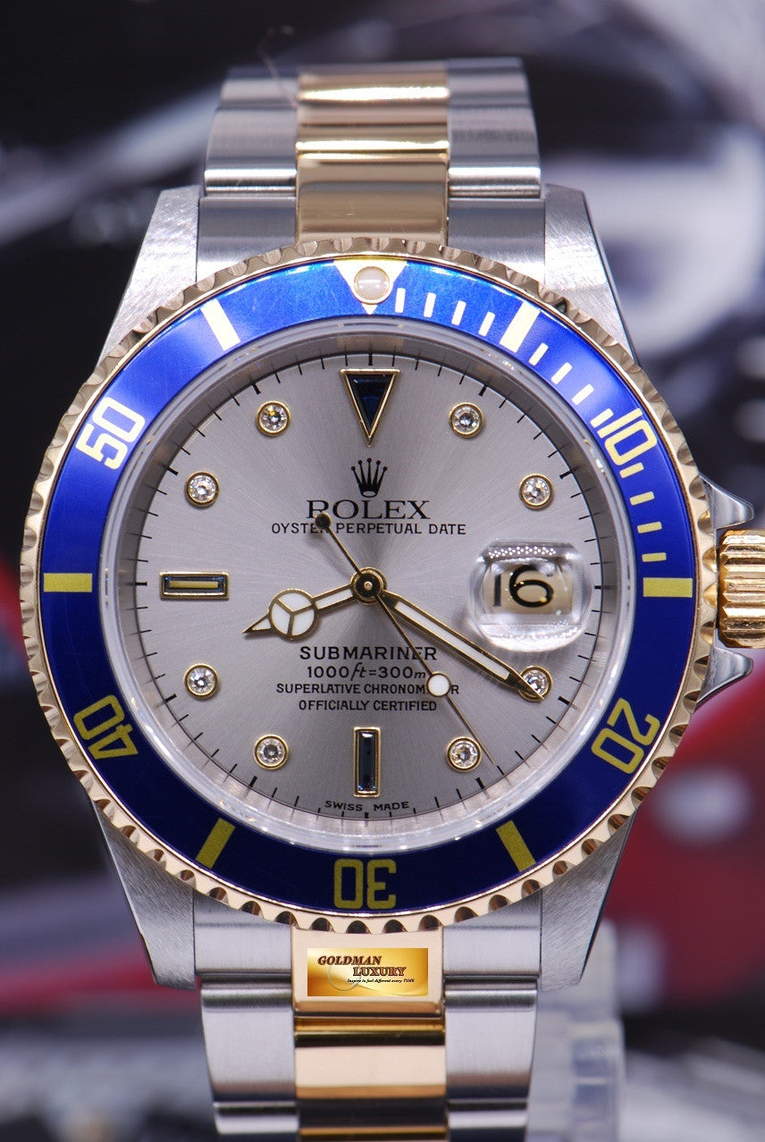 [SOLD] ROLEX OYSTER PERPETUAL BLUE SUBMARINER HALF-GOLD SERTI DIAMONDS Ref : 16613 (MINT)