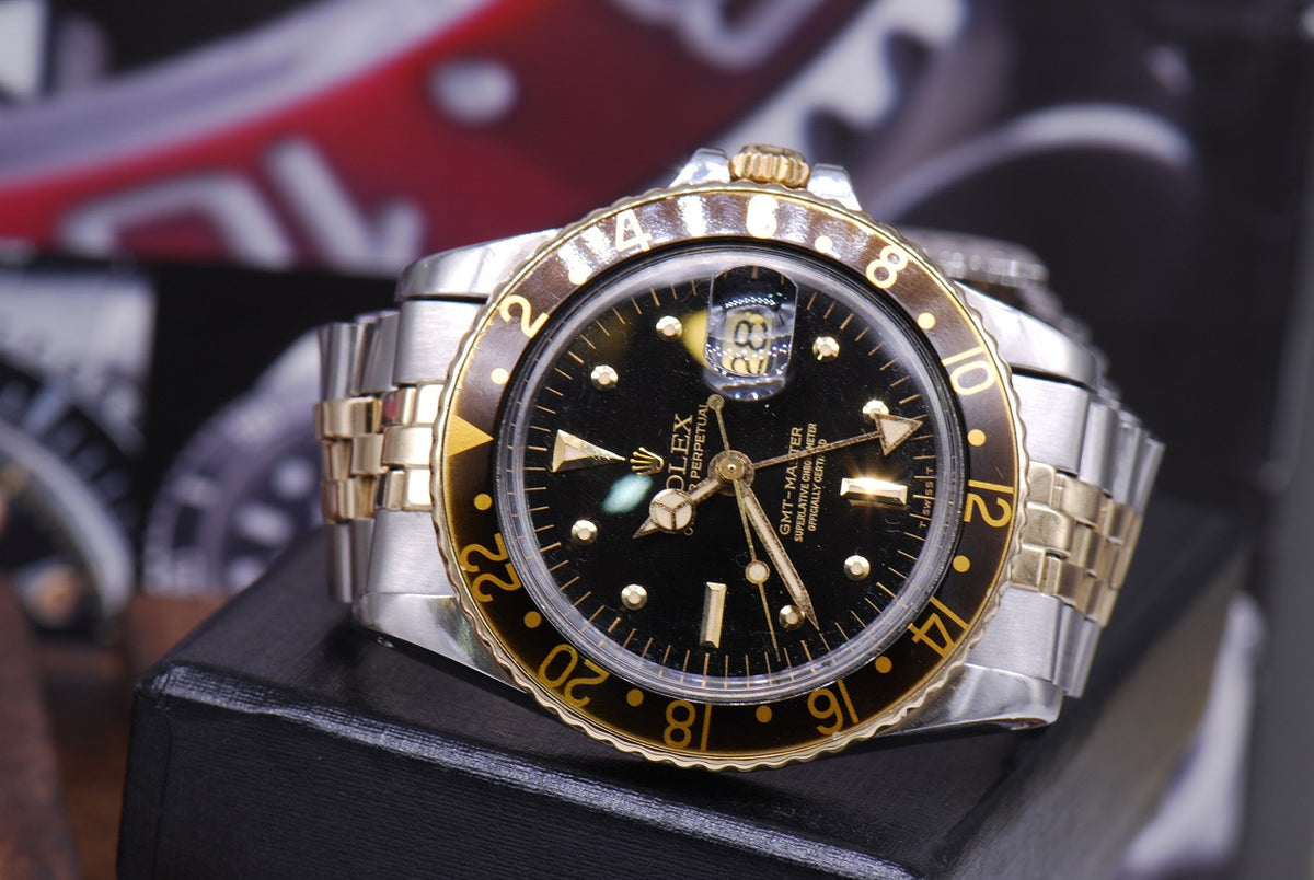 [SOLD] ROLEX OYSTER PERPETUAL GMT-MASTER HALF-GOLD NIPPLE DIAL BLACK Ref : 1675 (VINTAGE)