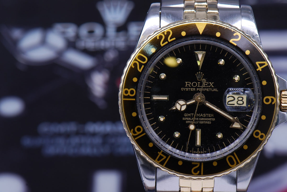 [SOLD] ROLEX OYSTER PERPETUAL GMT-MASTER HALF-GOLD NIPPLE DIAL BLACK Ref : 1675 (VINTAGE)