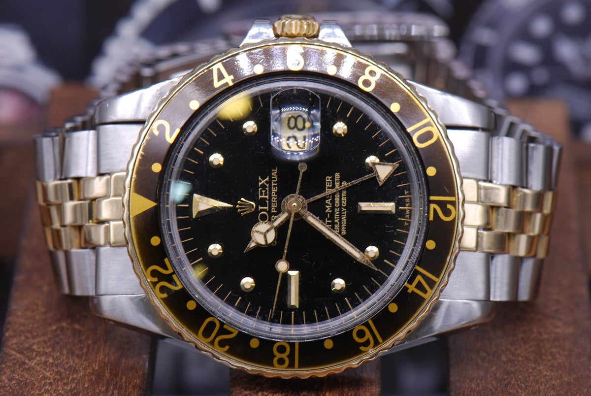 [SOLD] ROLEX OYSTER PERPETUAL GMT-MASTER HALF-GOLD NIPPLE DIAL BLACK Ref : 1675 (VINTAGE)