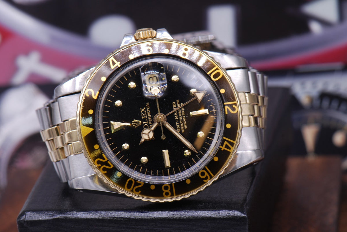[SOLD] ROLEX OYSTER PERPETUAL GMT-MASTER HALF-GOLD NIPPLE DIAL BLACK Ref : 1675 (VINTAGE)