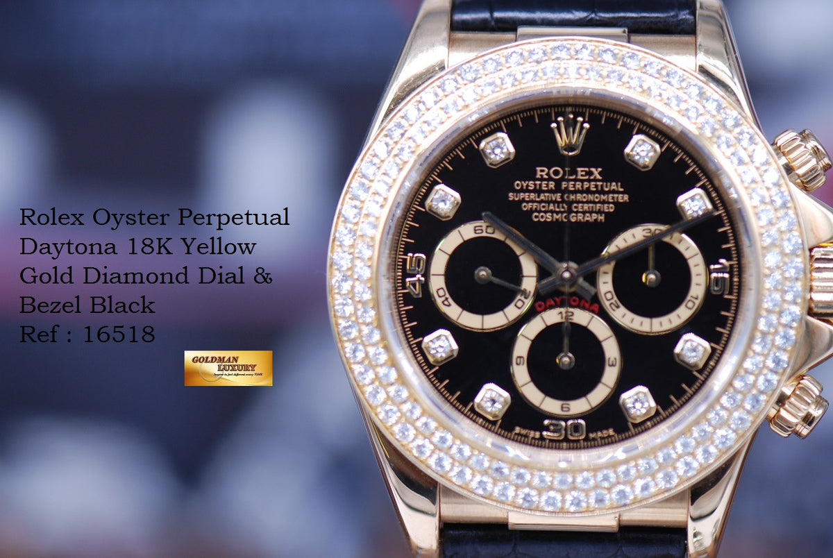 [SOLD] ROLEX OYSTER PERPETUAL DAYTONA 18K YELLOW GOLD CHRONOGRAPH DIAMOND BLACK DIAL & BEZEL Ref : 16518 (MINT)