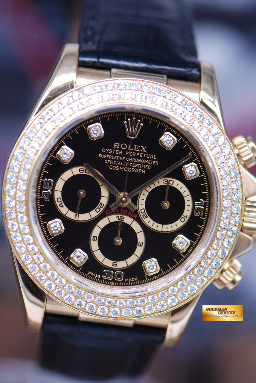 [SOLD] ROLEX OYSTER PERPETUAL DAYTONA 18K YELLOW GOLD CHRONOGRAPH DIAMOND BLACK DIAL & BEZEL Ref : 16518 (MINT)