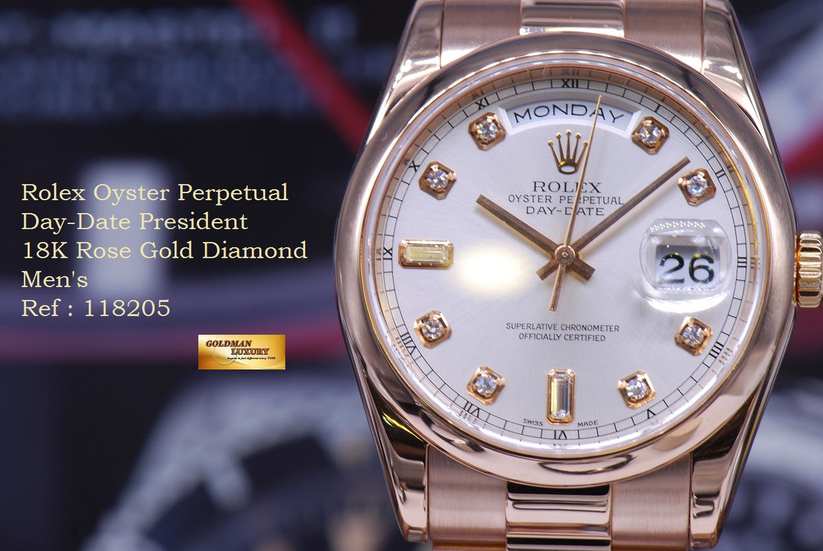 [SOLD] ROLEX OYSTER PERPETUAL DAY-DATE PRESIDENT 18K ROSE GOLD DIAMOND Ref : 118205 (MINT)