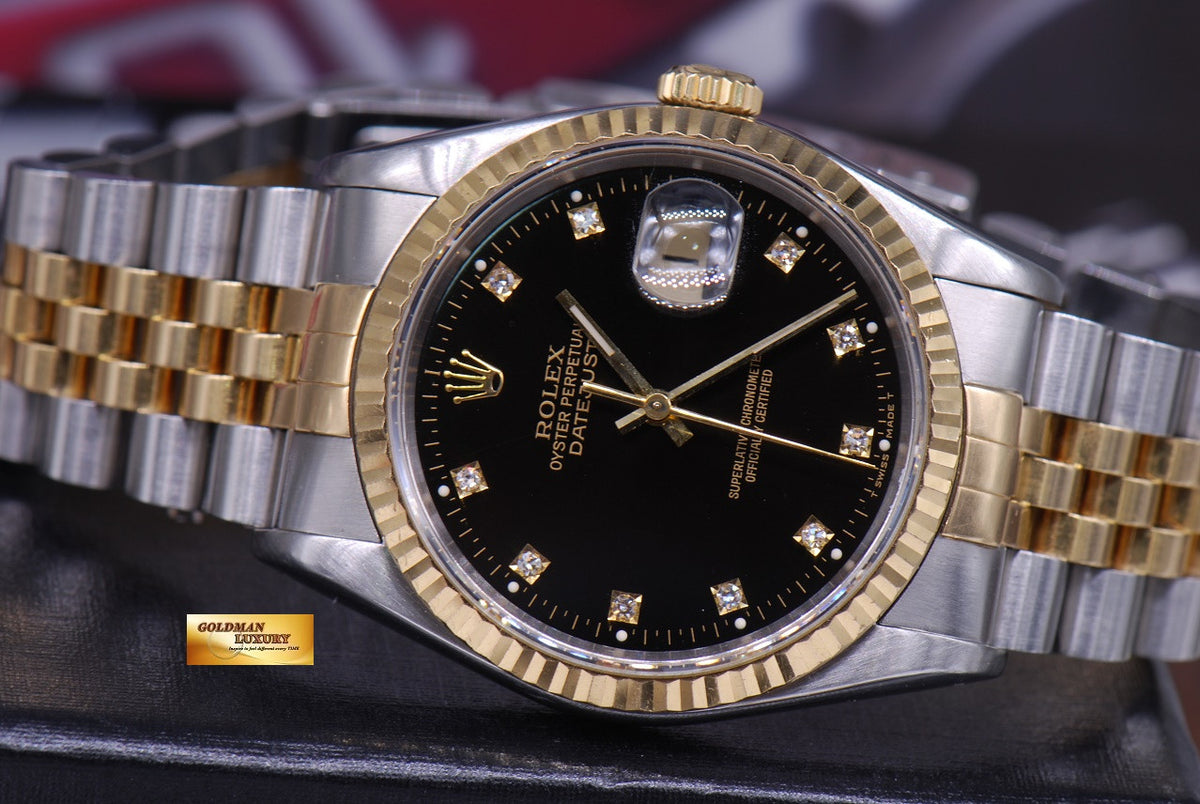 [SOLD] ROLEX OYSTER DATEJUST 36mm GENTS HALF-GOLD DIAMOND BLACK DIAL Ref : 16233 (NEAR MINT)