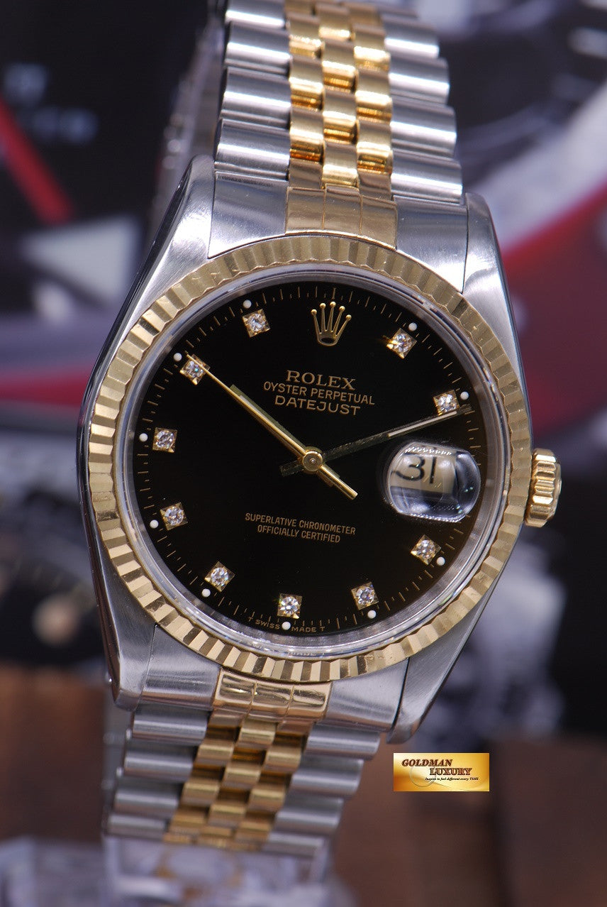 [SOLD] ROLEX OYSTER DATEJUST 36mm GENTS HALF-GOLD DIAMOND BLACK DIAL Ref : 16233 (NEAR MINT)