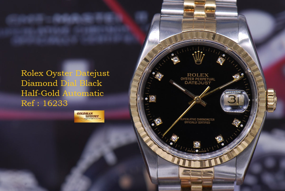 [SOLD] ROLEX OYSTER DATEJUST 36mm GENTS HALF-GOLD DIAMOND BLACK DIAL Ref : 16233 (NEAR MINT)