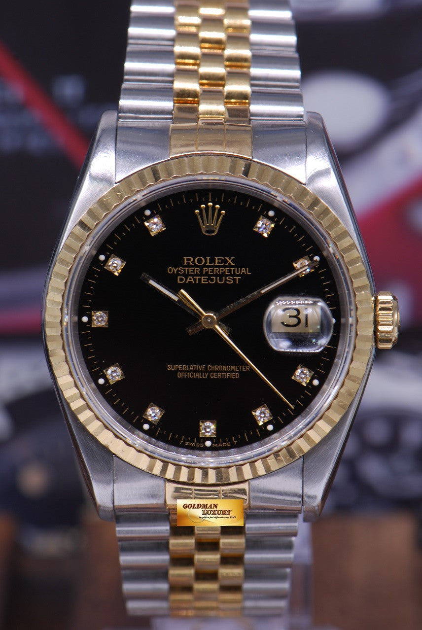 [SOLD] ROLEX OYSTER DATEJUST 36mm GENTS HALF-GOLD DIAMOND BLACK DIAL Ref : 16233 (NEAR MINT)