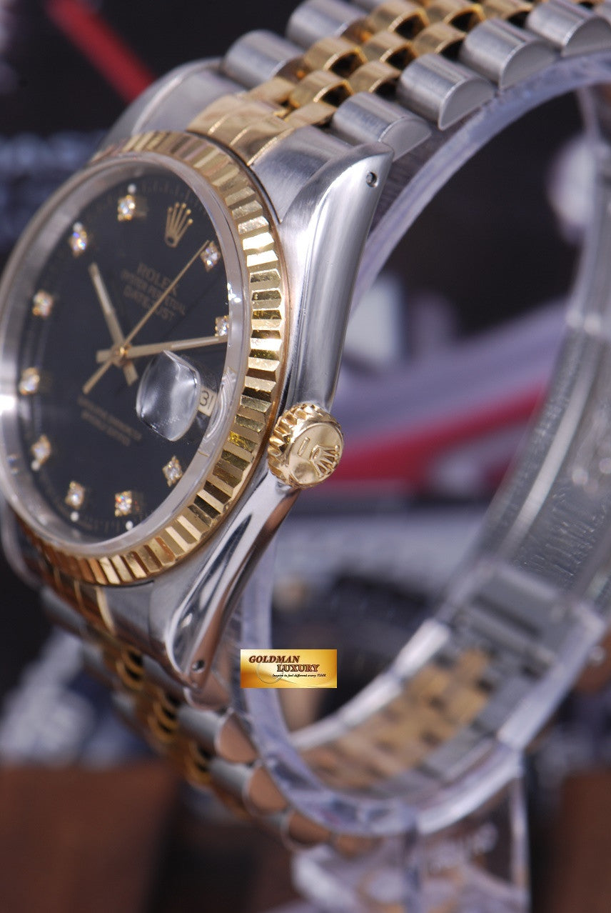 [SOLD] ROLEX OYSTER DATEJUST 36mm GENTS HALF-GOLD DIAMOND BLACK DIAL Ref : 16233 (NEAR MINT)