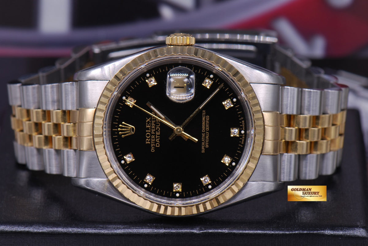 [SOLD] ROLEX OYSTER DATEJUST 36mm GENTS HALF-GOLD DIAMOND BLACK DIAL Ref : 16233 (NEAR MINT)