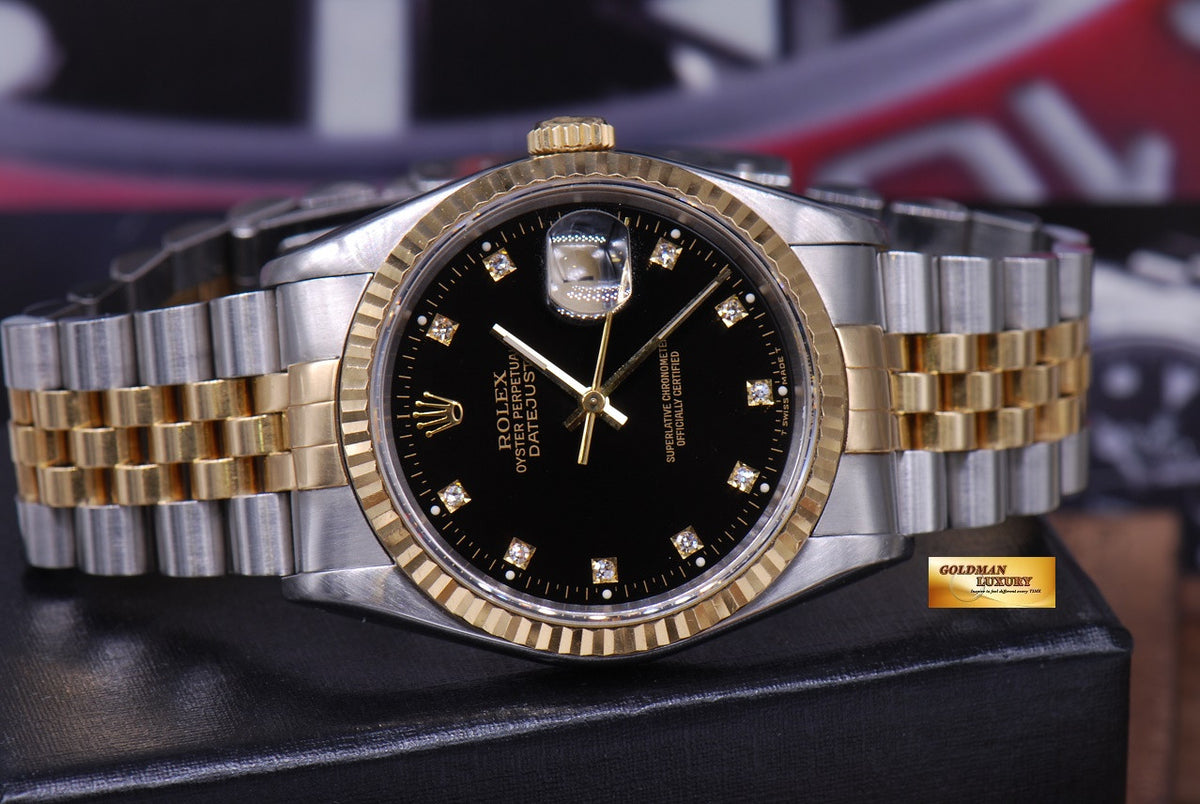 [SOLD] ROLEX OYSTER DATEJUST 36mm GENTS HALF-GOLD DIAMOND BLACK DIAL Ref : 16233 (NEAR MINT)