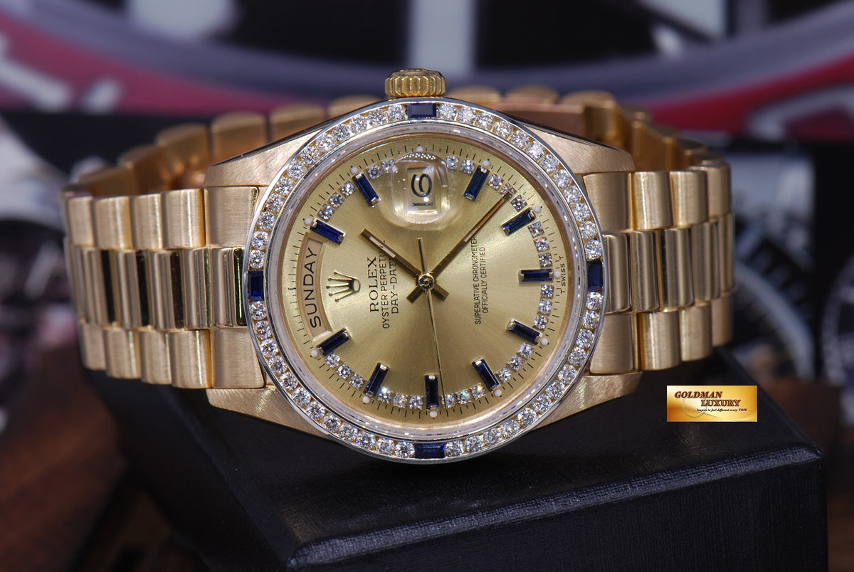 [SOLD] ROLEX OYSTER DAY-DATE PRESIDENT 18K YELLOW GOLD DIAMONDS & SAPPHIRE DIAL 18038 (RARE)