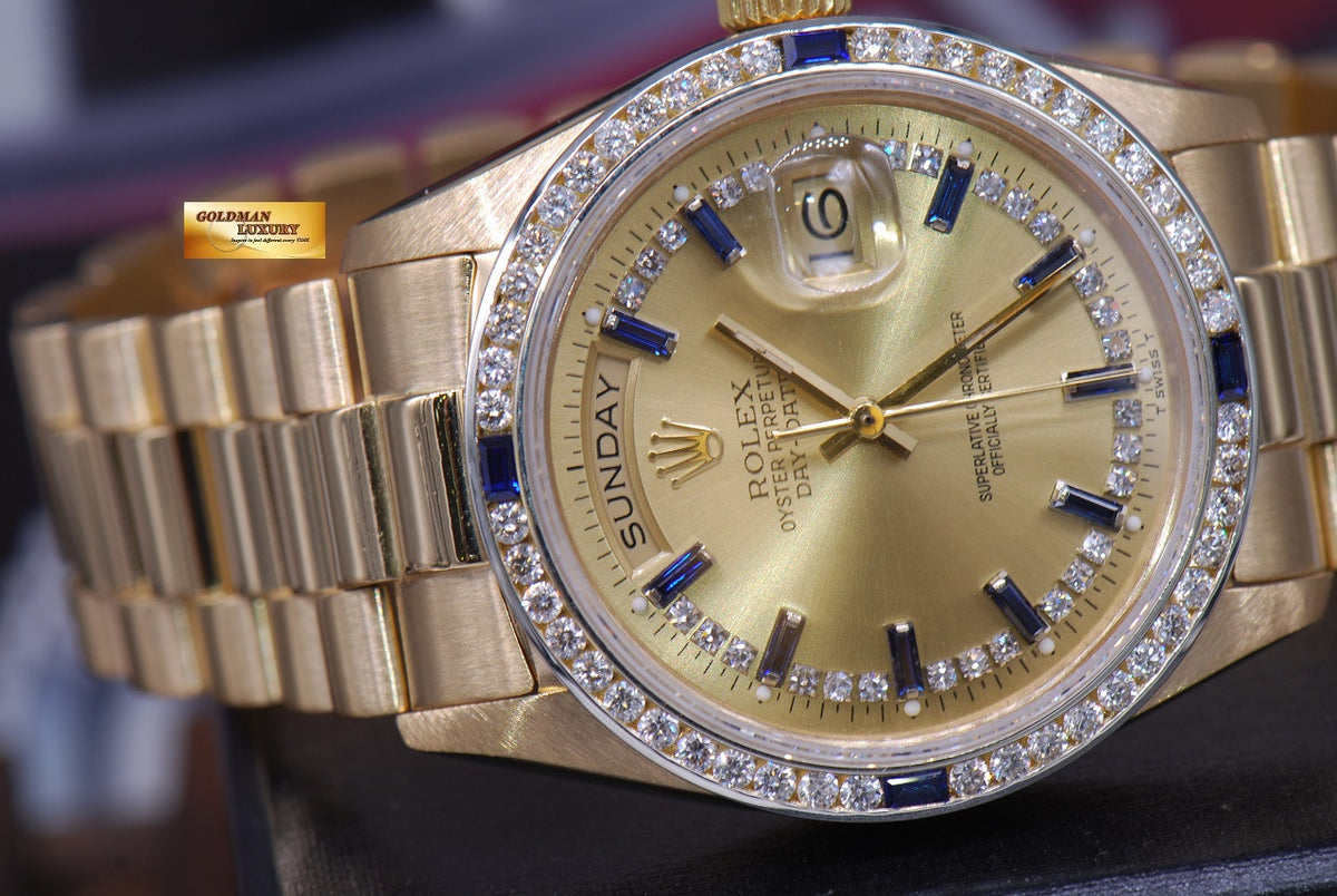 [SOLD] ROLEX OYSTER DAY-DATE PRESIDENT 18K YELLOW GOLD DIAMONDS & SAPPHIRE DIAL 18038 (RARE)