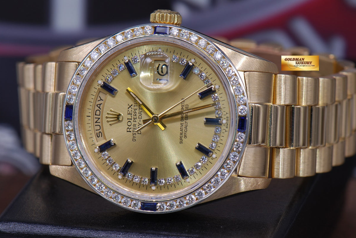 [SOLD] ROLEX OYSTER DAY-DATE PRESIDENT 18K YELLOW GOLD DIAMONDS & SAPPHIRE DIAL 18038 (RARE)