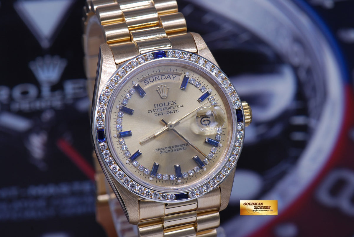 [SOLD] ROLEX OYSTER DAY-DATE PRESIDENT 18K YELLOW GOLD DIAMONDS & SAPPHIRE DIAL 18038 (RARE)