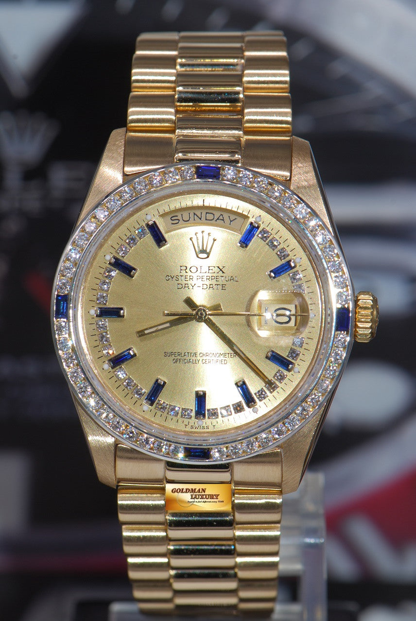 [SOLD] ROLEX OYSTER DAY-DATE PRESIDENT 18K YELLOW GOLD DIAMONDS & SAPPHIRE DIAL 18038 (RARE)