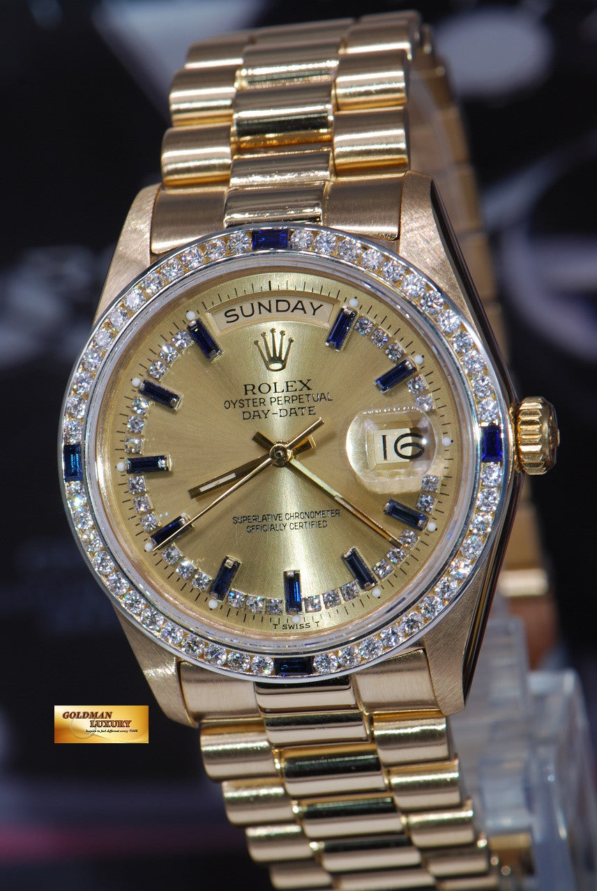 [SOLD] ROLEX OYSTER DAY-DATE PRESIDENT 18K YELLOW GOLD DIAMONDS & SAPPHIRE DIAL 18038 (RARE)