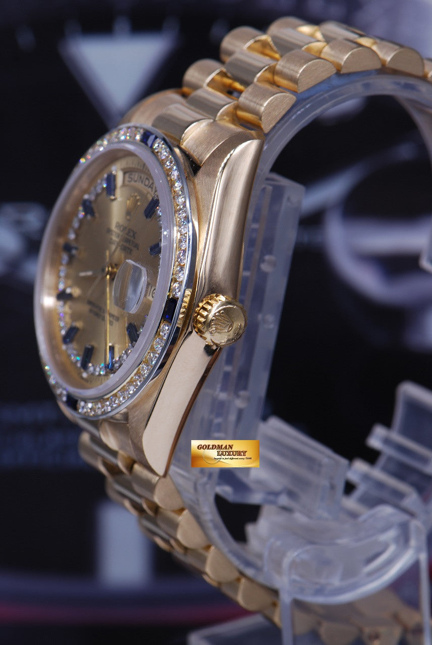 [SOLD] ROLEX OYSTER DAY-DATE PRESIDENT 18K YELLOW GOLD DIAMONDS & SAPPHIRE DIAL 18038 (RARE)